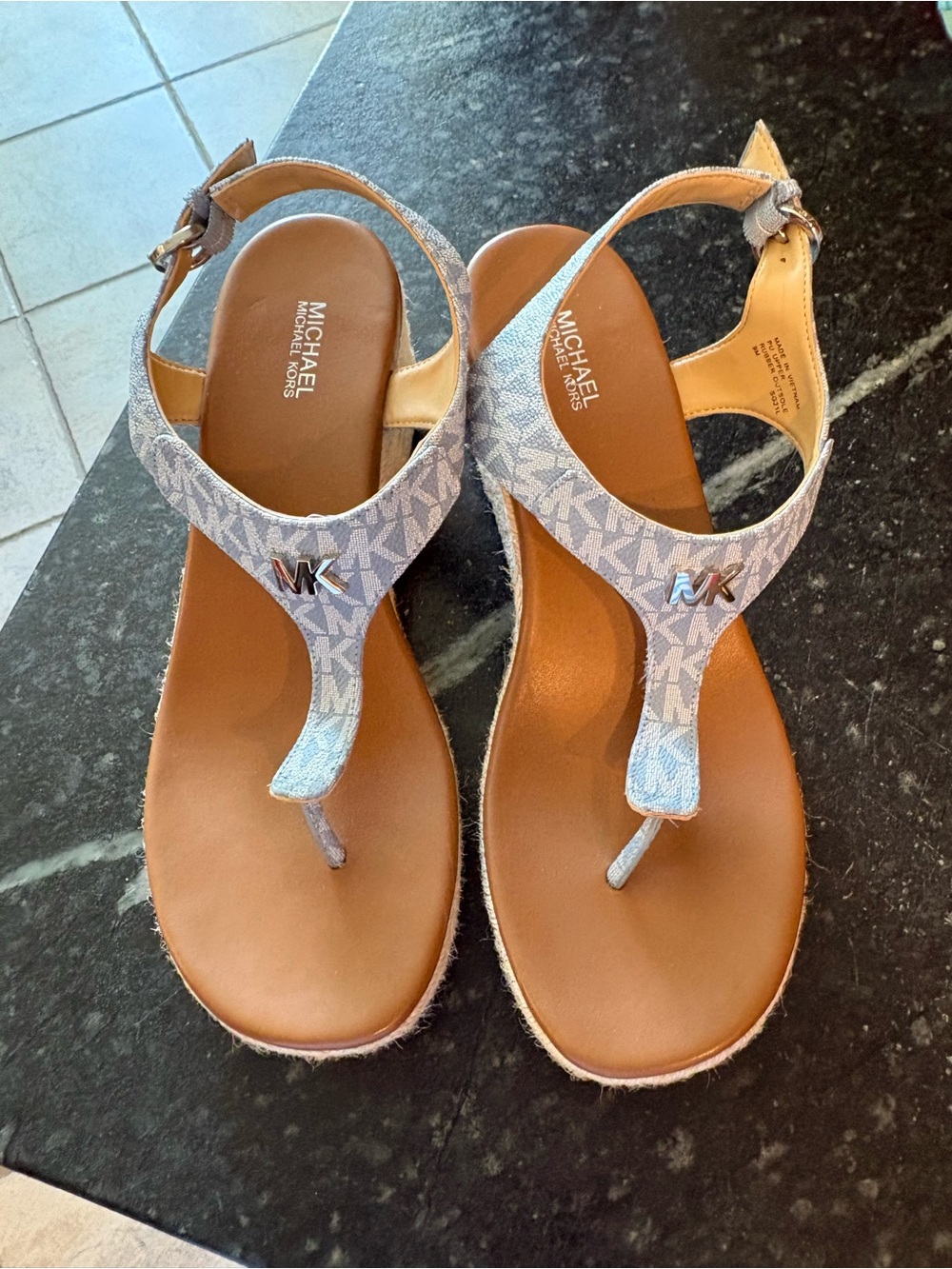 Michael Kors Blue Monogram T-Strap Thong Sandals